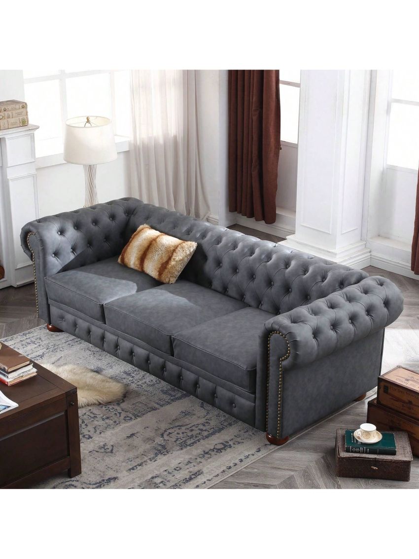 Leather Couches for Living Room, 3 Seater Classic Chesterfield Sofa Couch with Button Tufted Back and Roll Arms, 88.5-Inch Faux Leather Sofa with Nailhead Trim and Solid Wood Legs