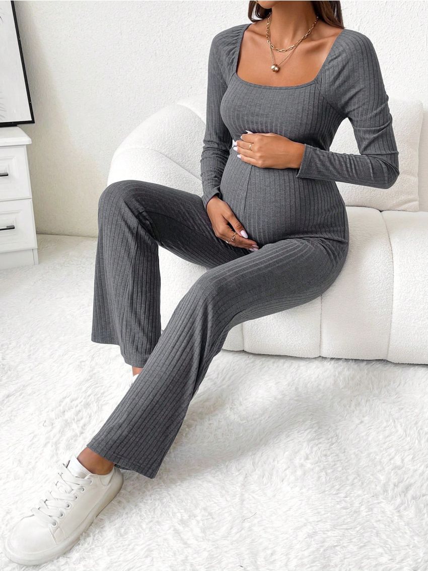 SHEIN Maternity Square Neck Ribbed Knit Flare Leg Jumpsuit