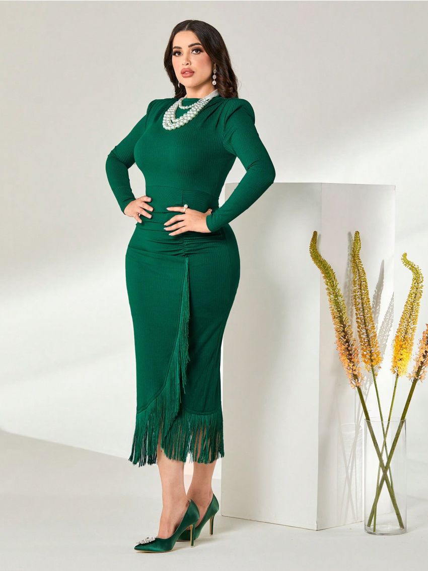 SHEIN Modely Fringe Trim Ruched Wrap Hem Bodycon Dress