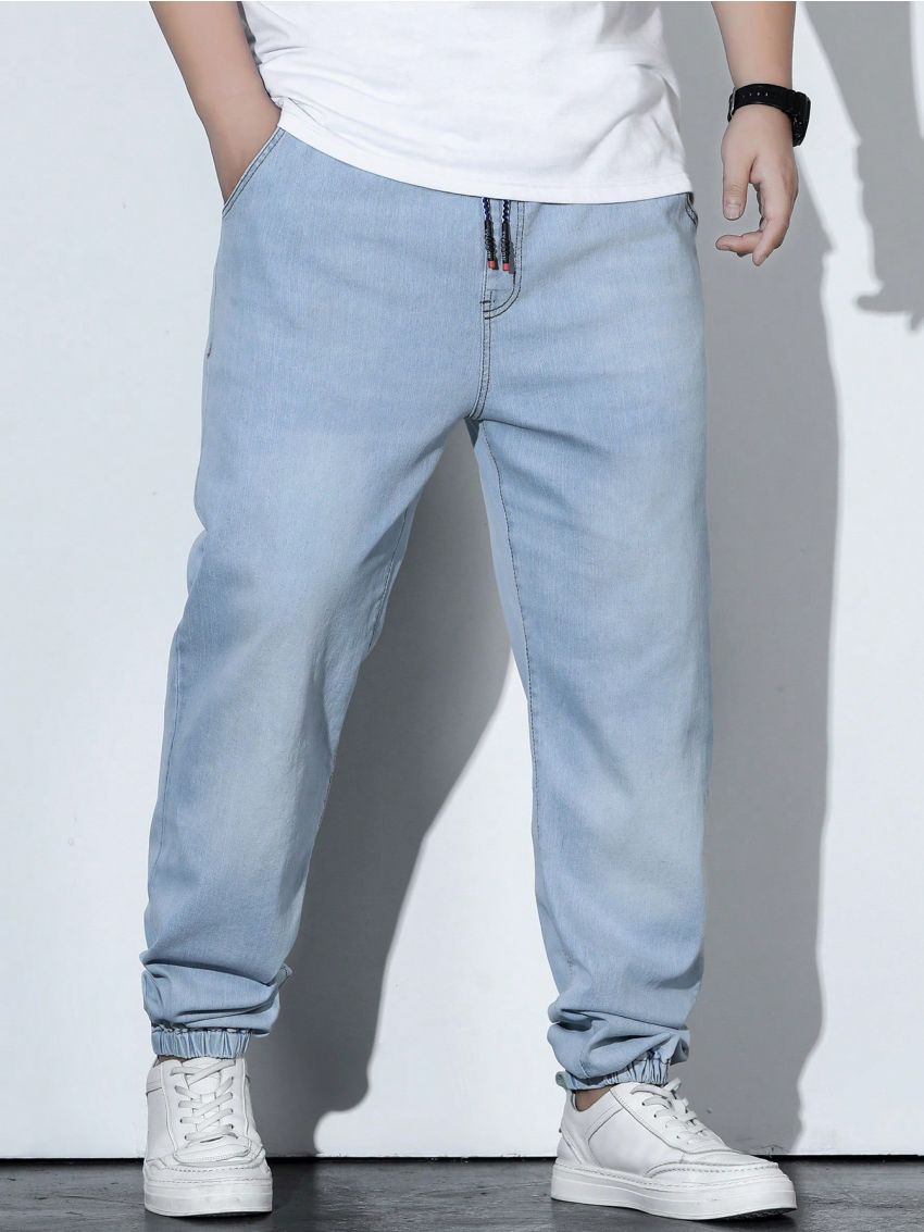 Manfinity Homme Men's Plus Size Light Blue Distressed Jeans With Cuffed Ankles