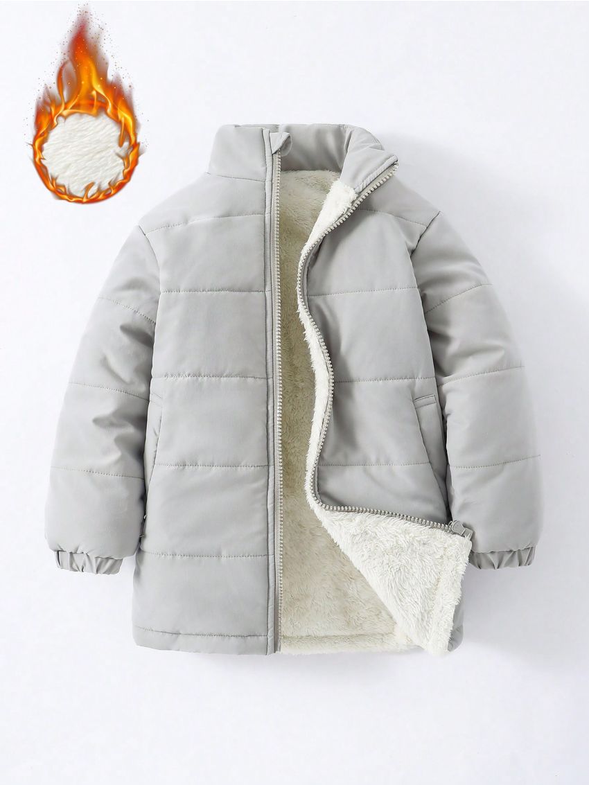 Young Boy Slant Pockets Plush Lined Puffer Coat