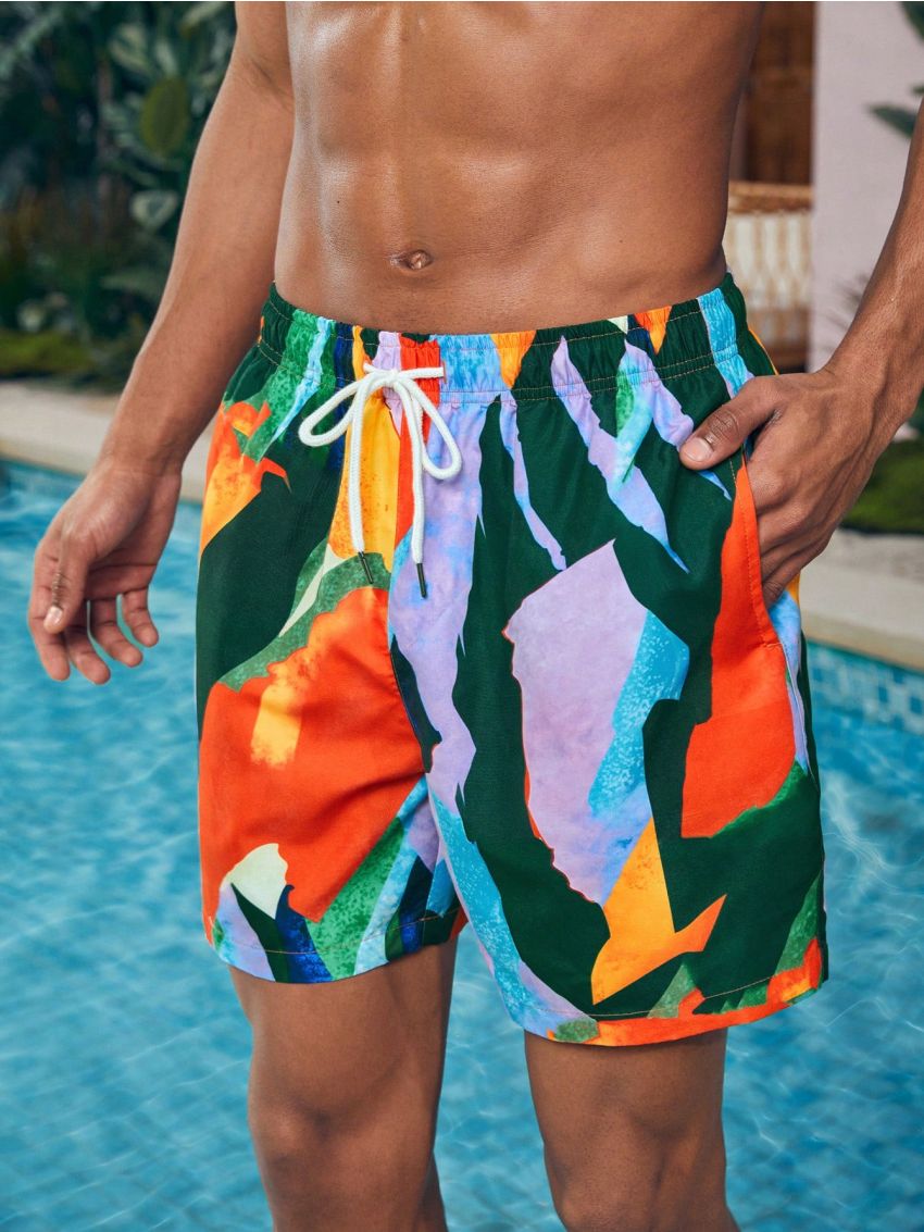 Men's Printed Drawstring Waist Beach Shorts