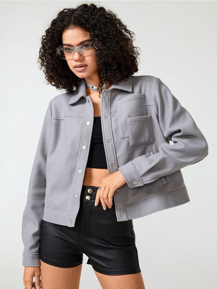 Maria Velarde Solid Button Front Pocket Patched Overcoat