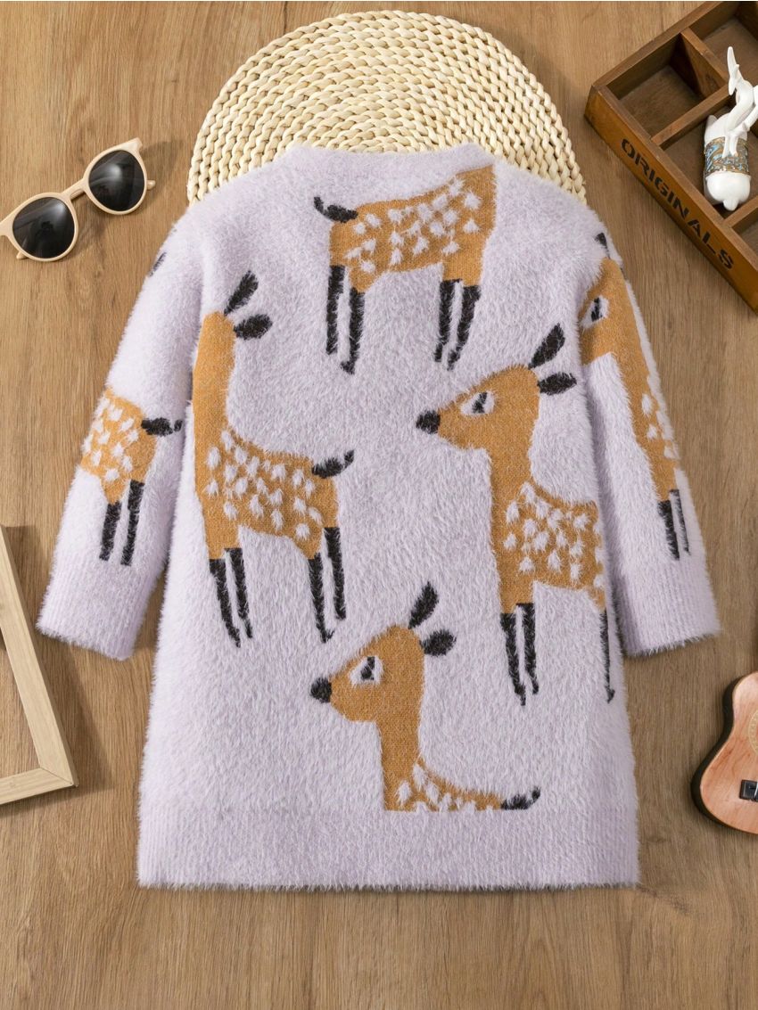 Girls' Cartoon Deer Comfortable And Warm Knit Dress For Autumn And Winter