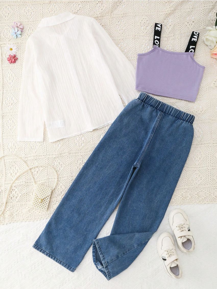 Tween Girl Letter Graphic Cami Top & Jeans & Shirt