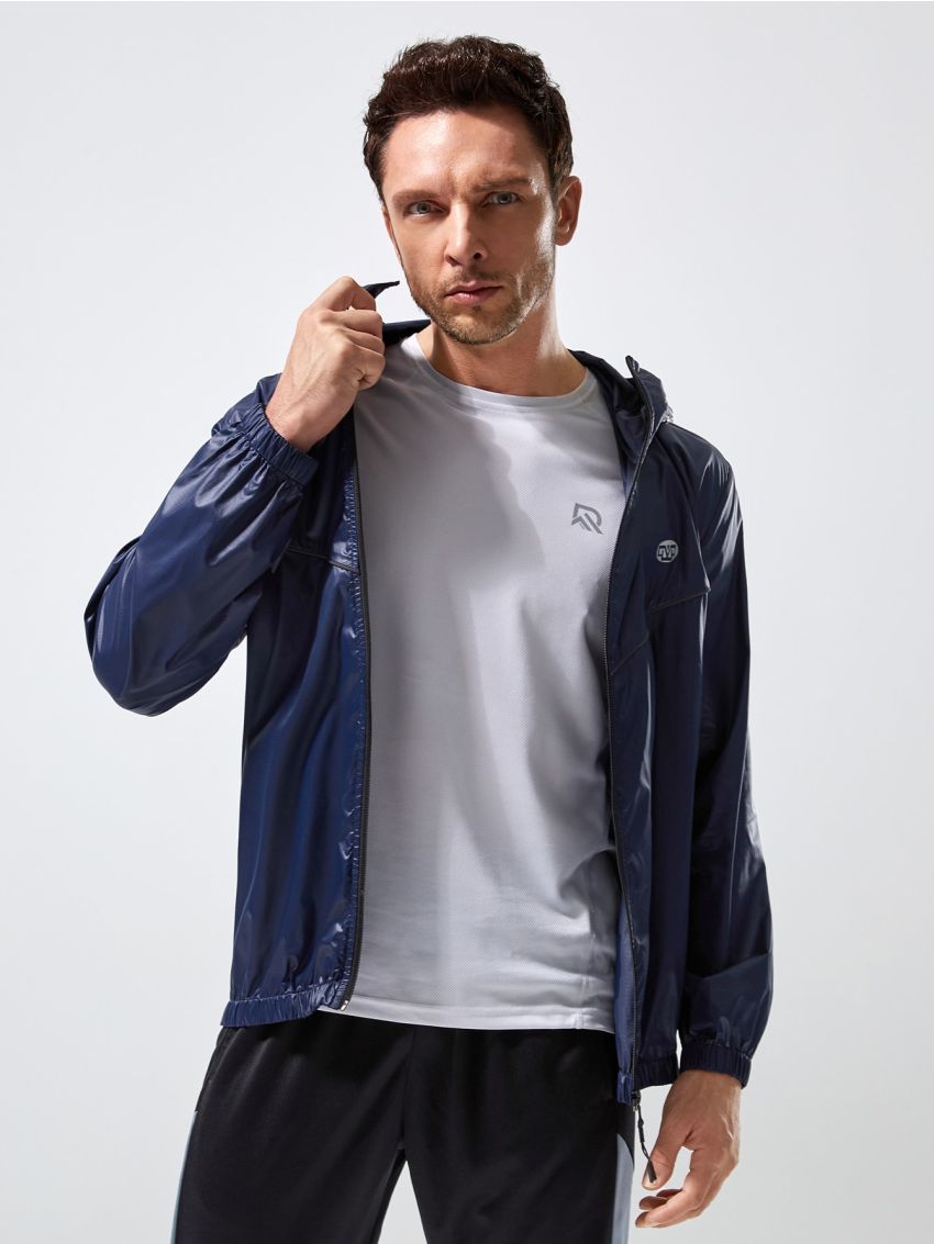 Men Geo Print Contrast Piping Zipper Drawstring Hooded Sports Jacket