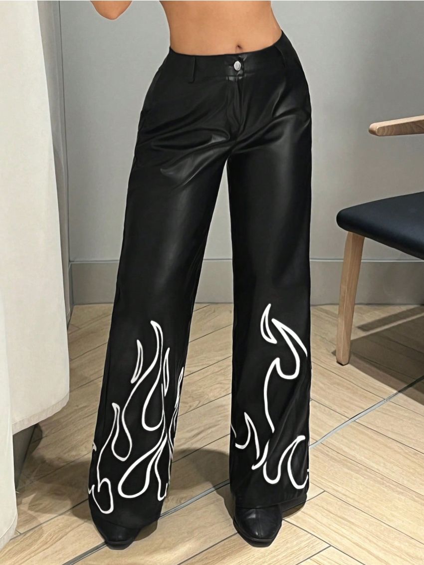 SHEIN ICON Flame Print Pu Leather Pants