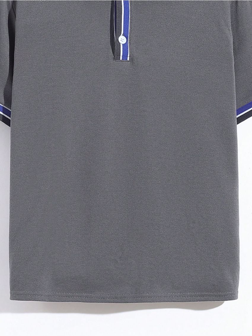 SHEIN Boys' Leisure Knitted Polo Shirt With Contrast Collar, Solid Color And Striped Pattern