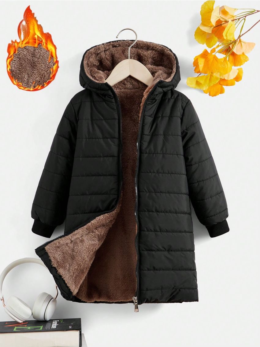 SHEIN Kids QTFun Little Boys' Solid Hooded Zipper Closure Quilted Jacket