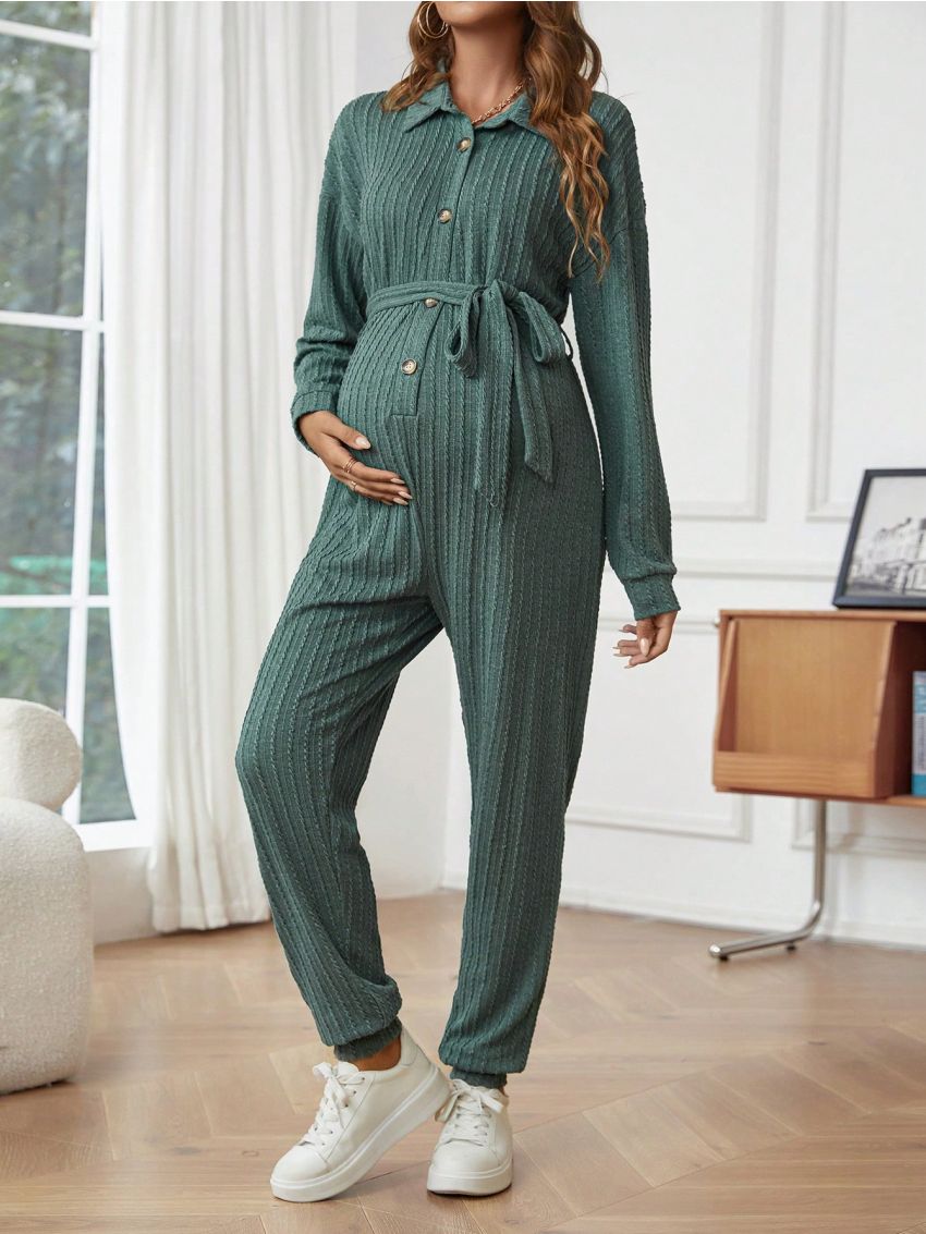 SHEIN Maternity Tie Collar Belted Jumpsuit