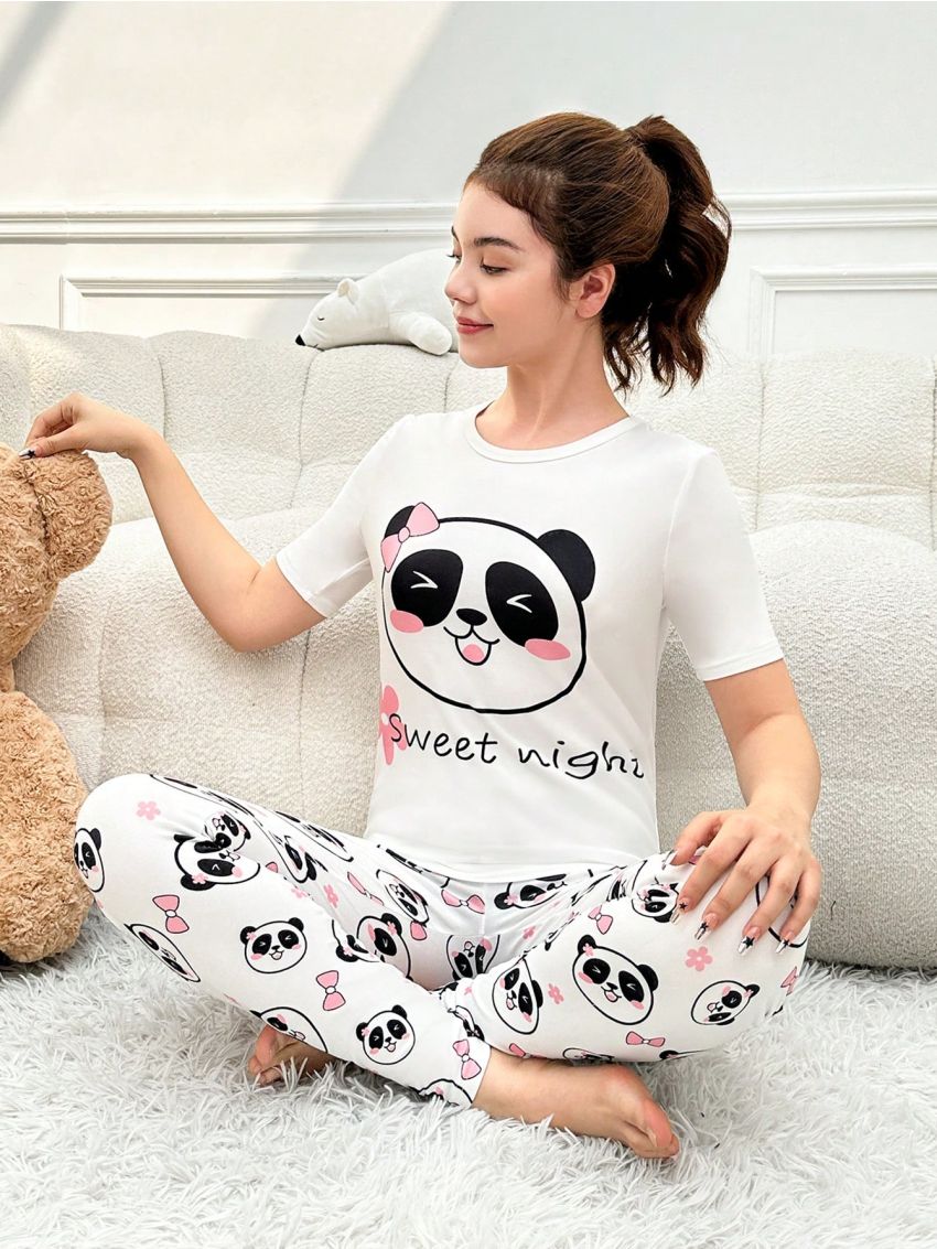 Teen Girls' Cute Panda & Letter Print Tight Homewear Set 2pcs