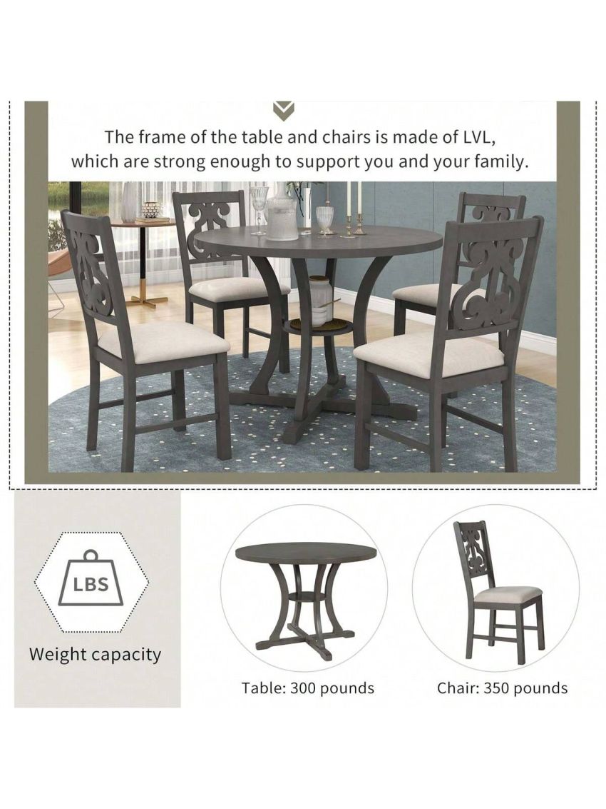 Merax 5-Piece Round Dining Table and Chair Set with Special-shaped Legs and an Exquisitely Designed Hollow Chair Back for Dining Room
