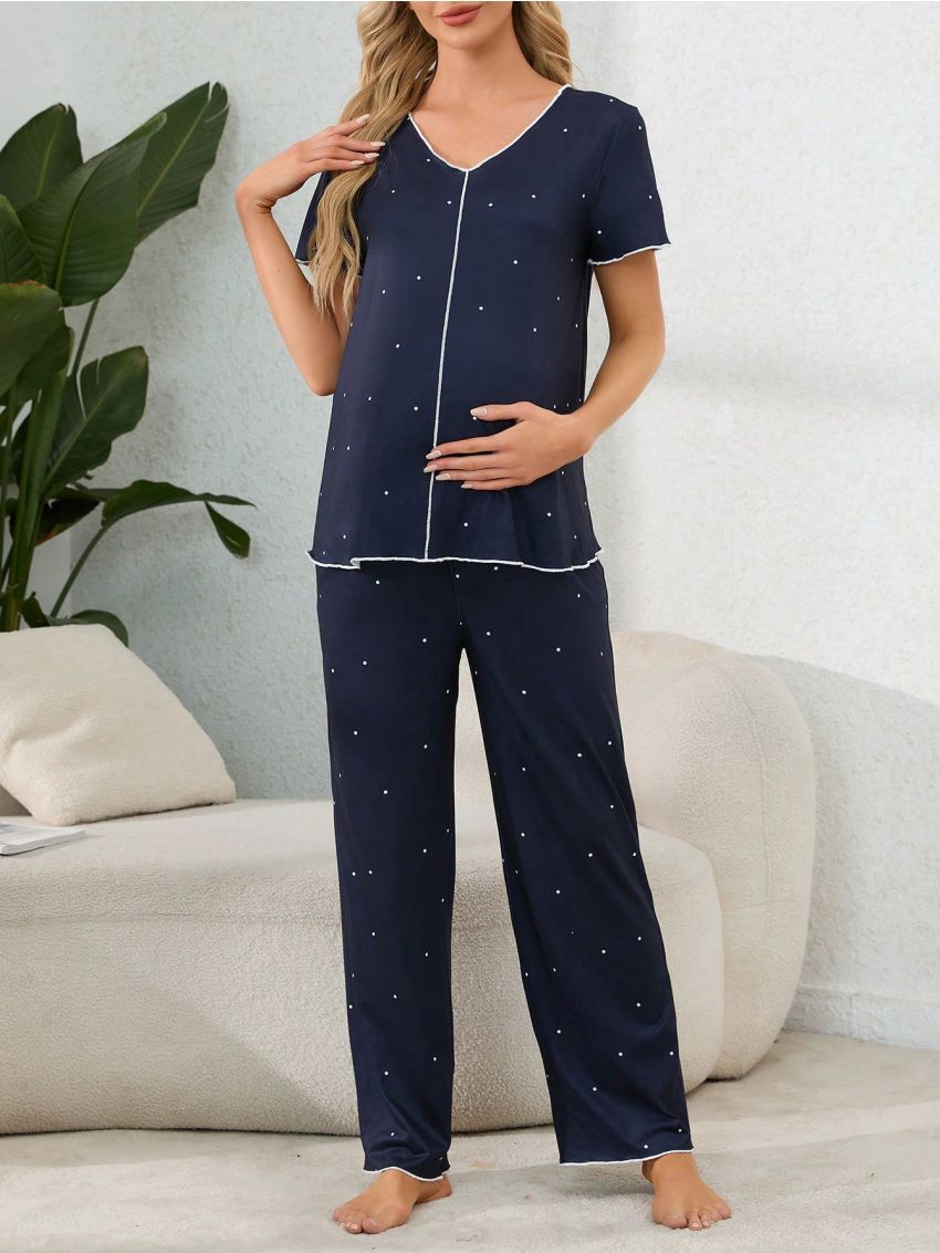 Maternity Contrast Trim Polka Dot Printed Pajama Set