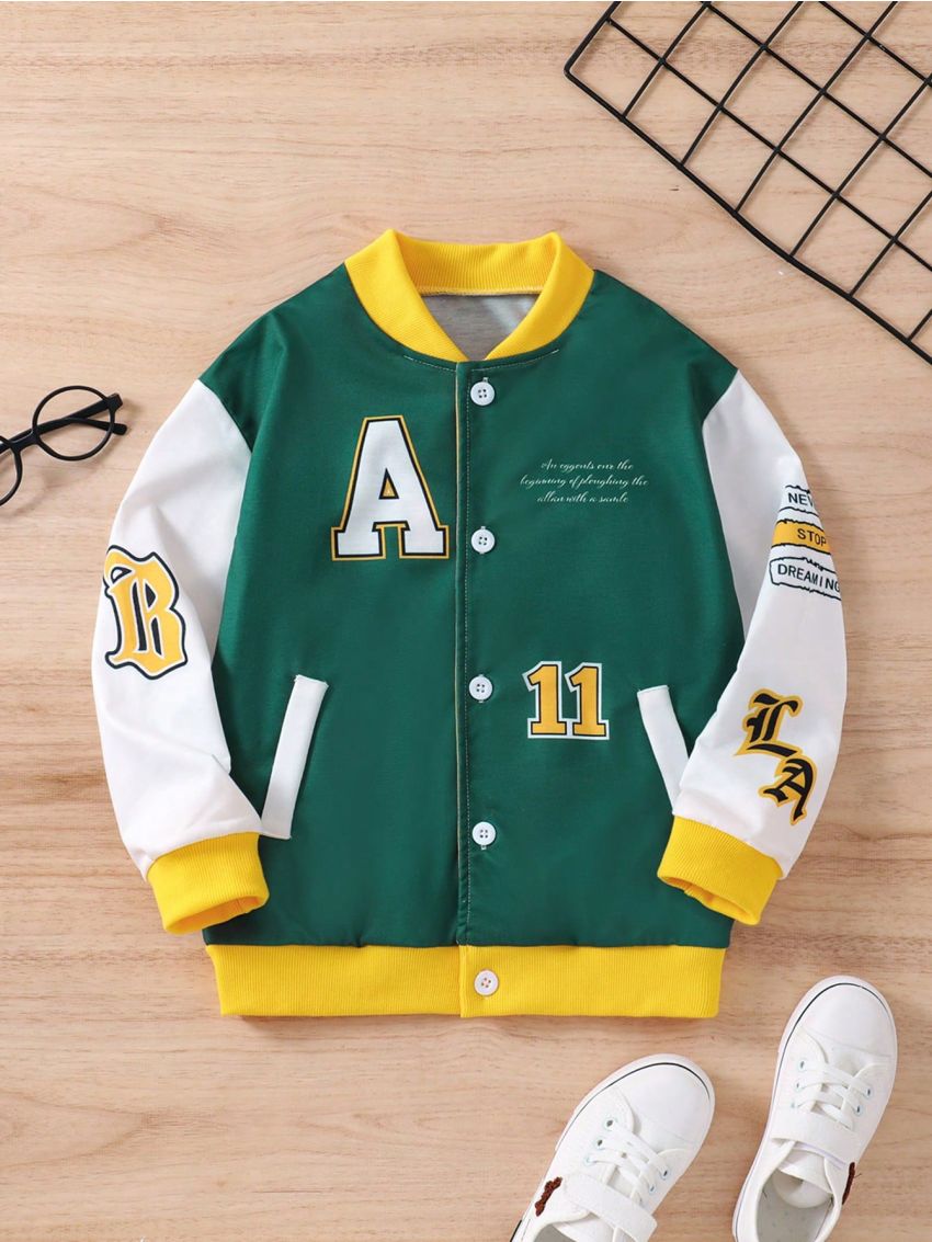 SHEIN Kids FANZEY Toddler Boys' Trendy Printed Long Sleeve Baseball Jacket