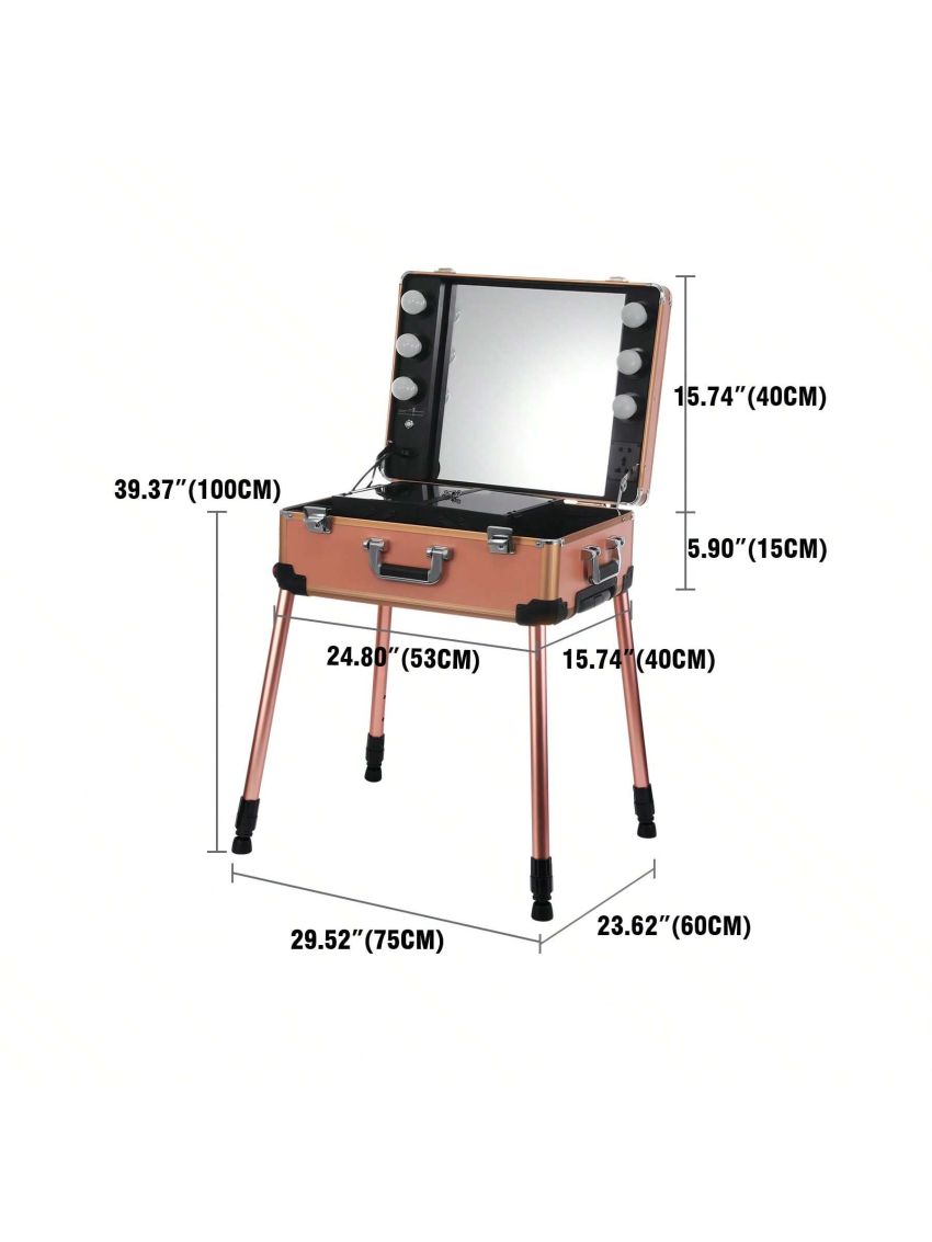 LED Makeup Case Cosmetic Train Table W/6 LED Lights & Rolling Wheels & Mirror