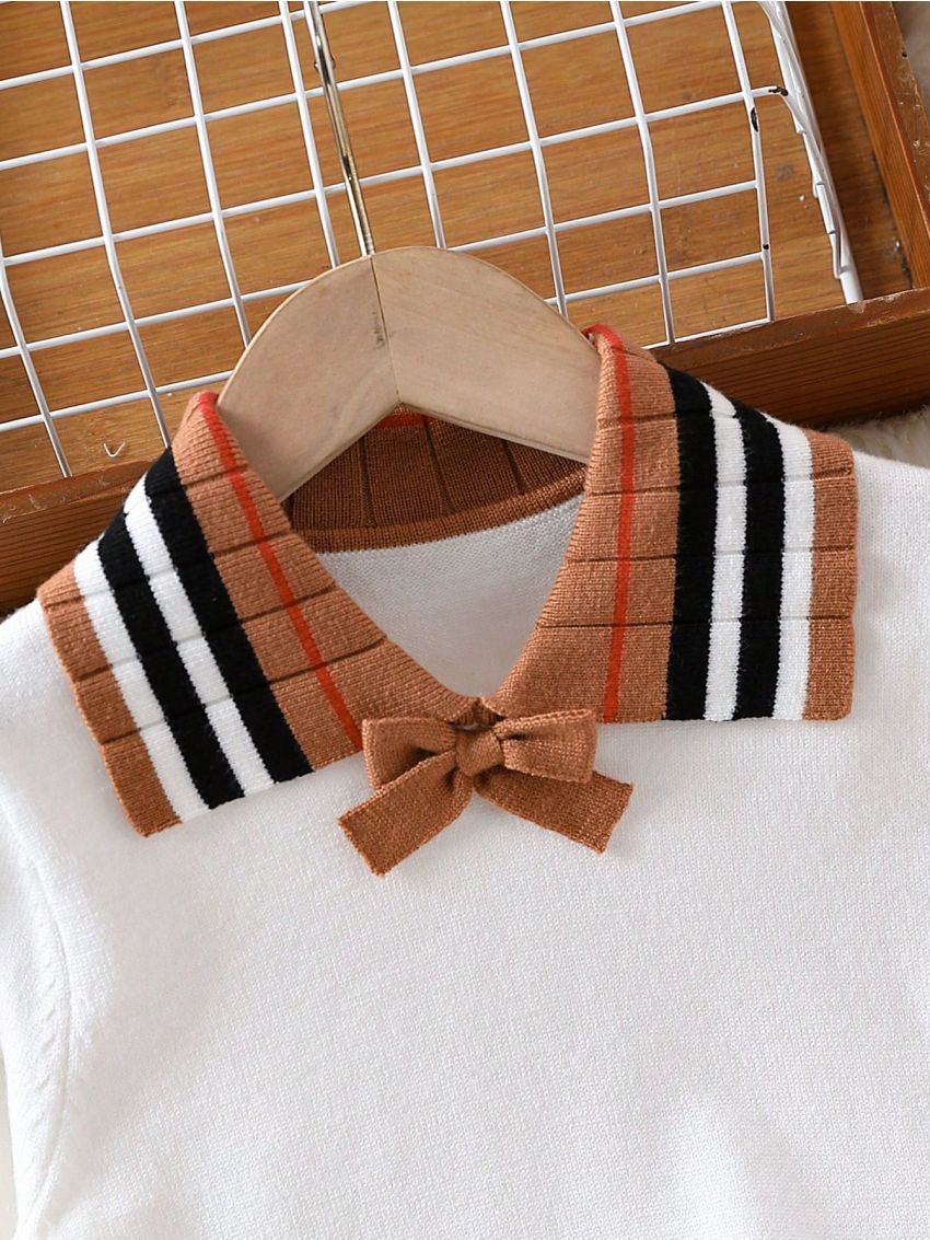 Little Girls' Contrast Color Striped Collar Pullover Sweater & Pleated Skirt Set