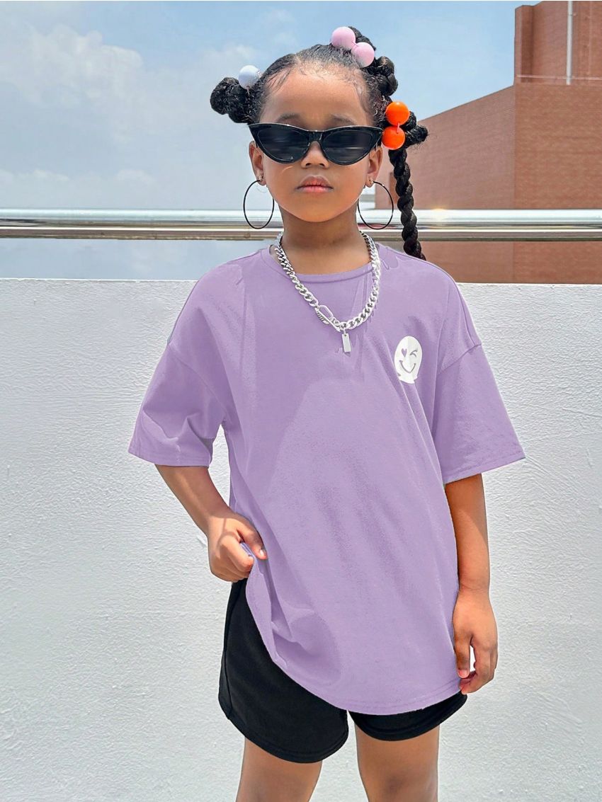 SHEIN Kids Cooltwn Tween Girls' Knitted Letter Print Round Neck Loose Fit Sports Casual Short Sleeve T-Shirt