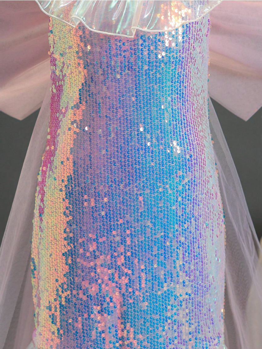 Girls' Rainbow Glitter Mesh Dress With Large Bowknot, Suitable For Performance, Wedding, Party And Birthday