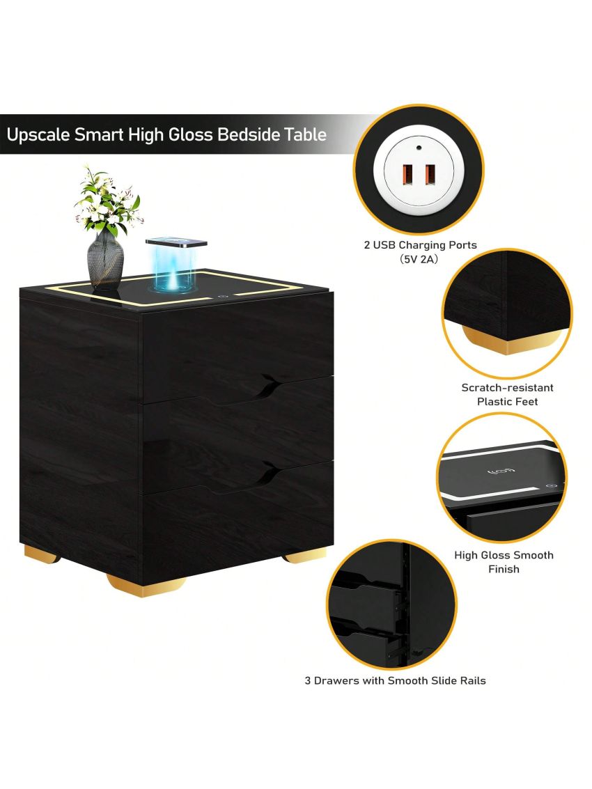 Nightstand with Wireless Charging Station & USB Charging, High Gloss Smart Bedside Table with Adjustable LED Lights, End Table Organizer for Bedroom Living Room Office Use.Product size: 48.5 * 41 * 55cm, including: 1 bedside table, 1 accessory