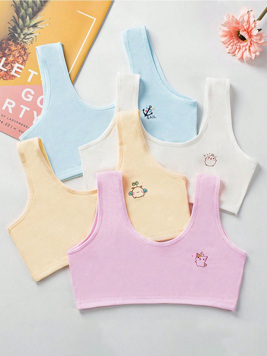 Tween Girls' Simple Cartoon Printed Camisole 4pcs/Set Underwear