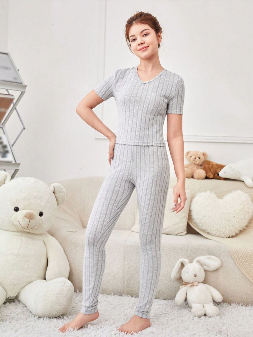 SHEIN Teen Girls' Rib Knitted Fleece Solid Color V-Neck T-Shirt And Pants Casual Home Outfit