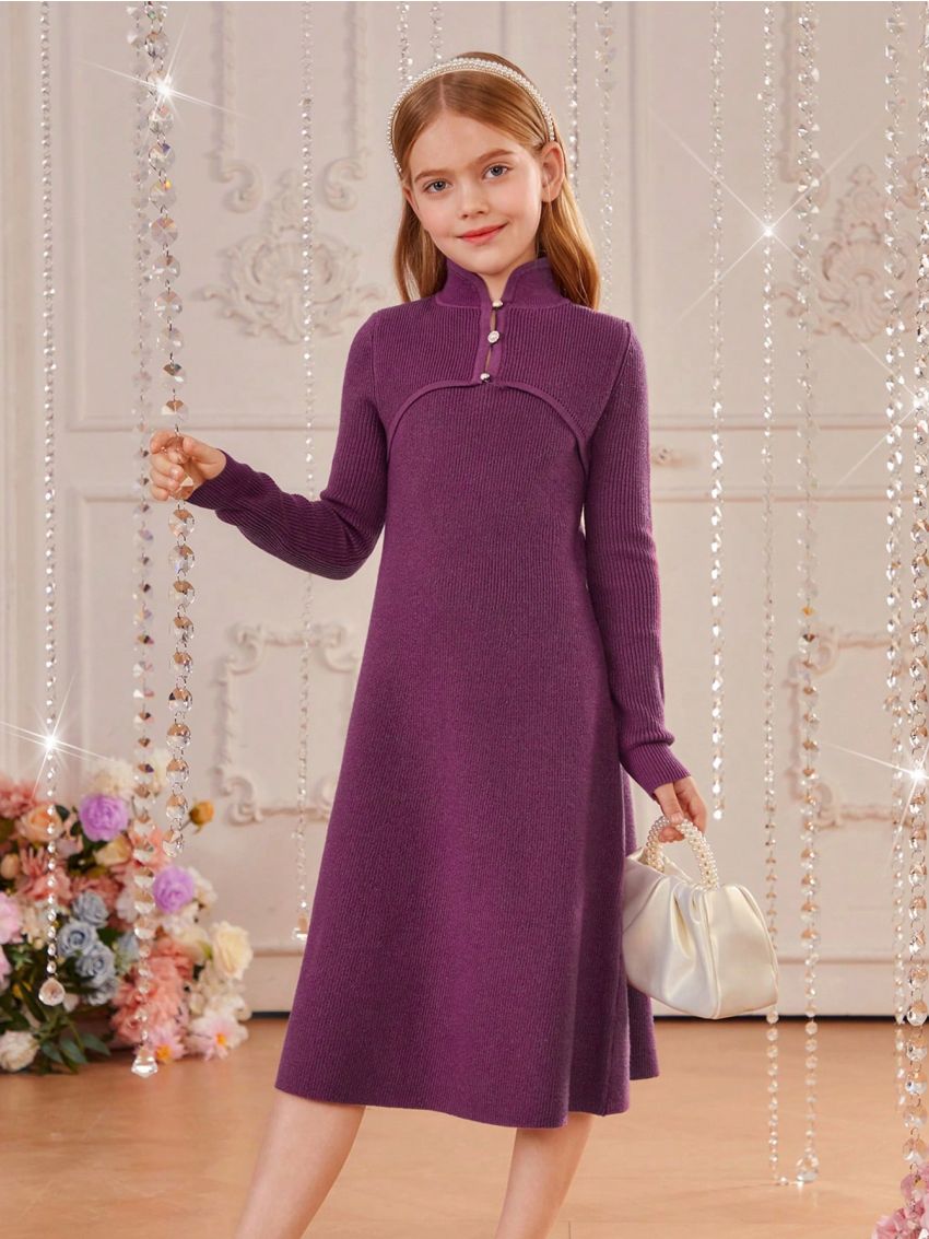SHEIN Tween Girl 1pc Button Front Sweater Dress