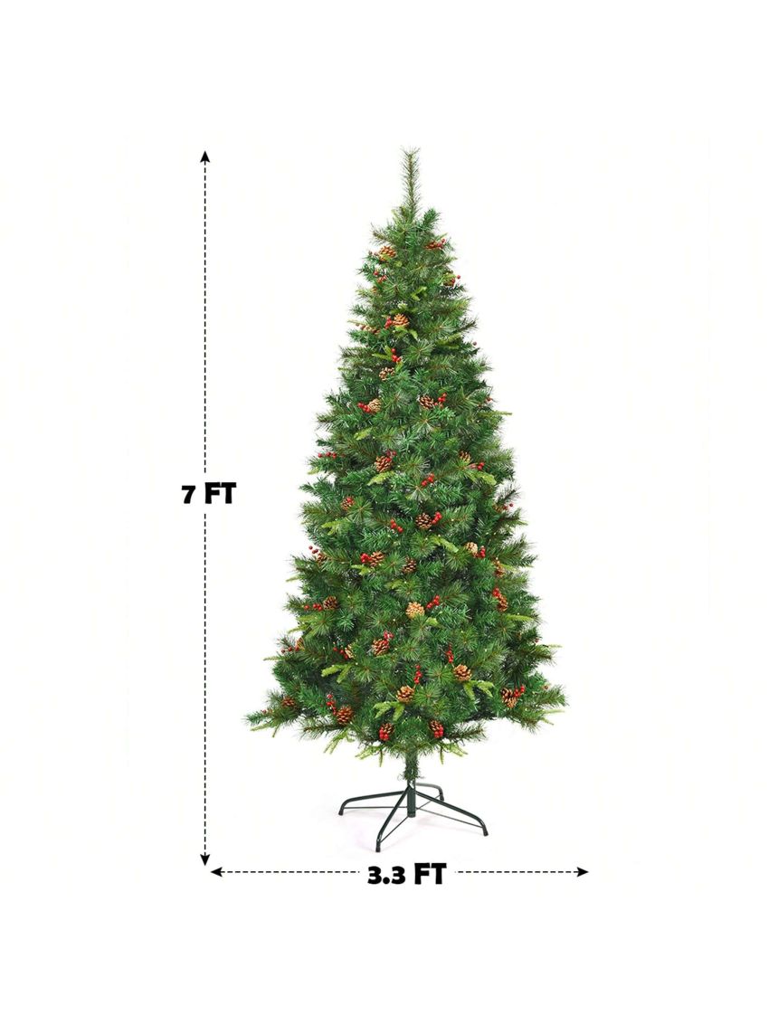 Gymax 7 ft Pre-lit Hinged Christmas Tree Holiday Decor w/ LED Lights Metal Stand