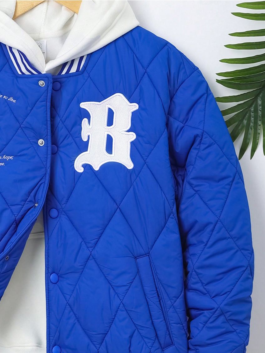 SHEIN Teenage Boys' Casual Sport Jacket With Embroidered English Pattern, Thick Padded Style