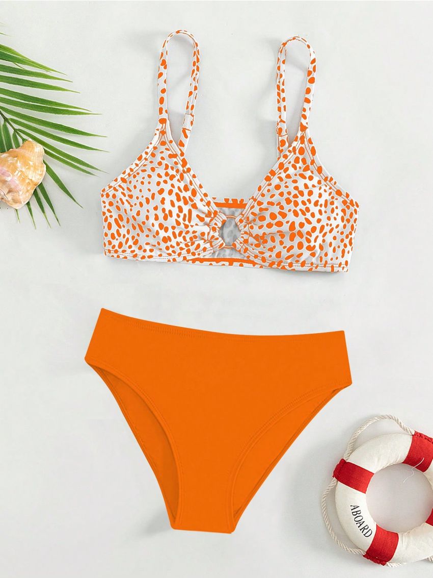 SHEIN Teen Girls Dalmatian Print Ring Linked Bikini Swimsuit