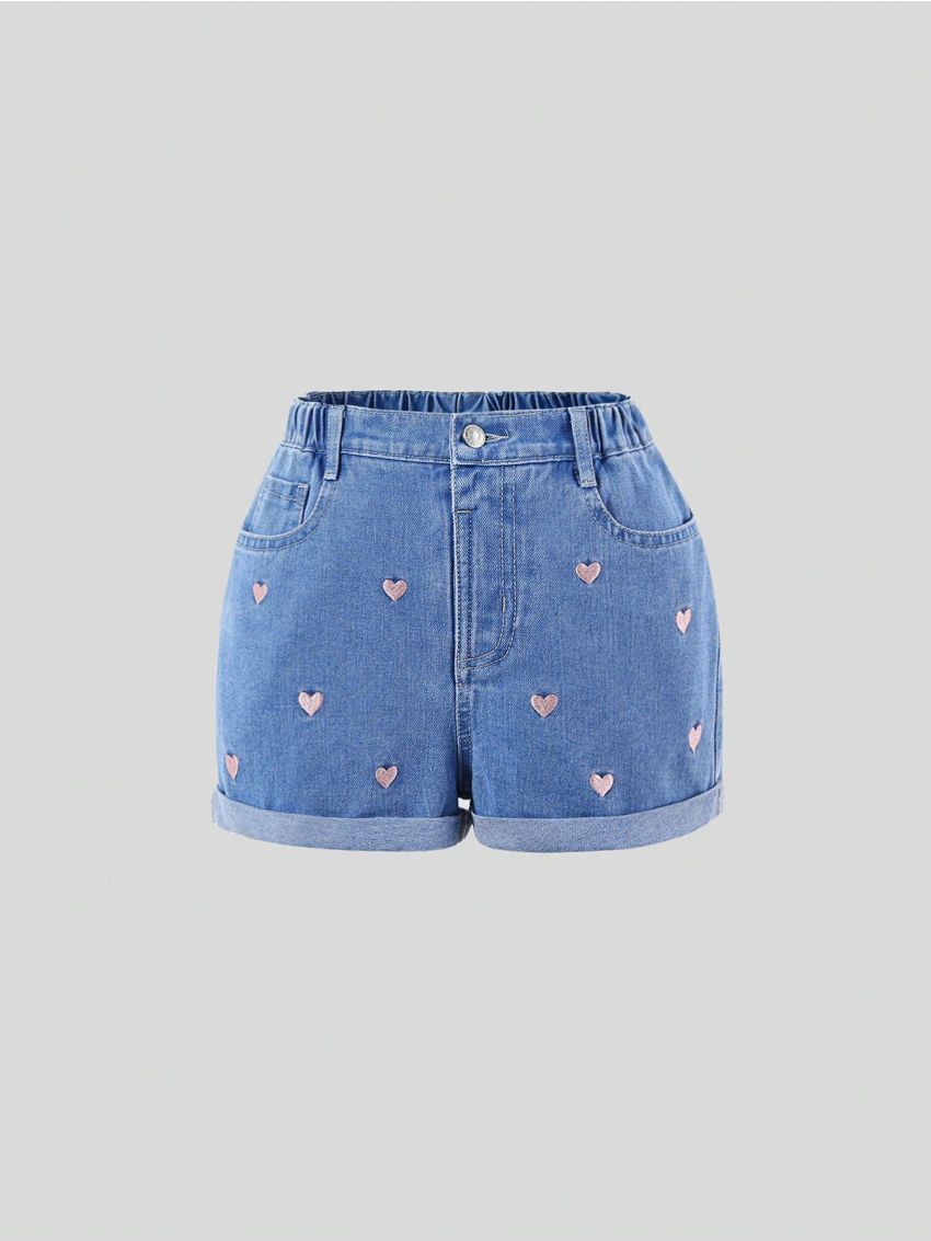 Tween Girls' Vintage Cute Pink Heart Embroidered Water Washed Light Blue Frayed Denim Shorts