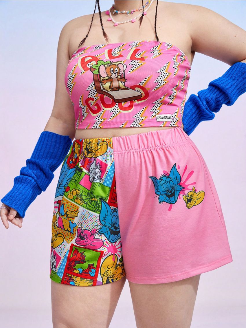 TOM & JERRY X SHEIN Plus Cartoon Print Shorts