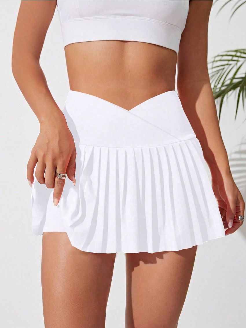 Tennis Casual Solid Color V-Waist Pleated Athletic Midi Skirt
