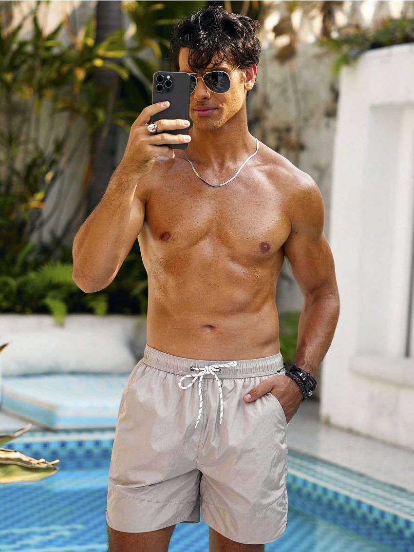 Manfinity Swimmode Men'S Solid Color Drawstring Waist Beach Shorts