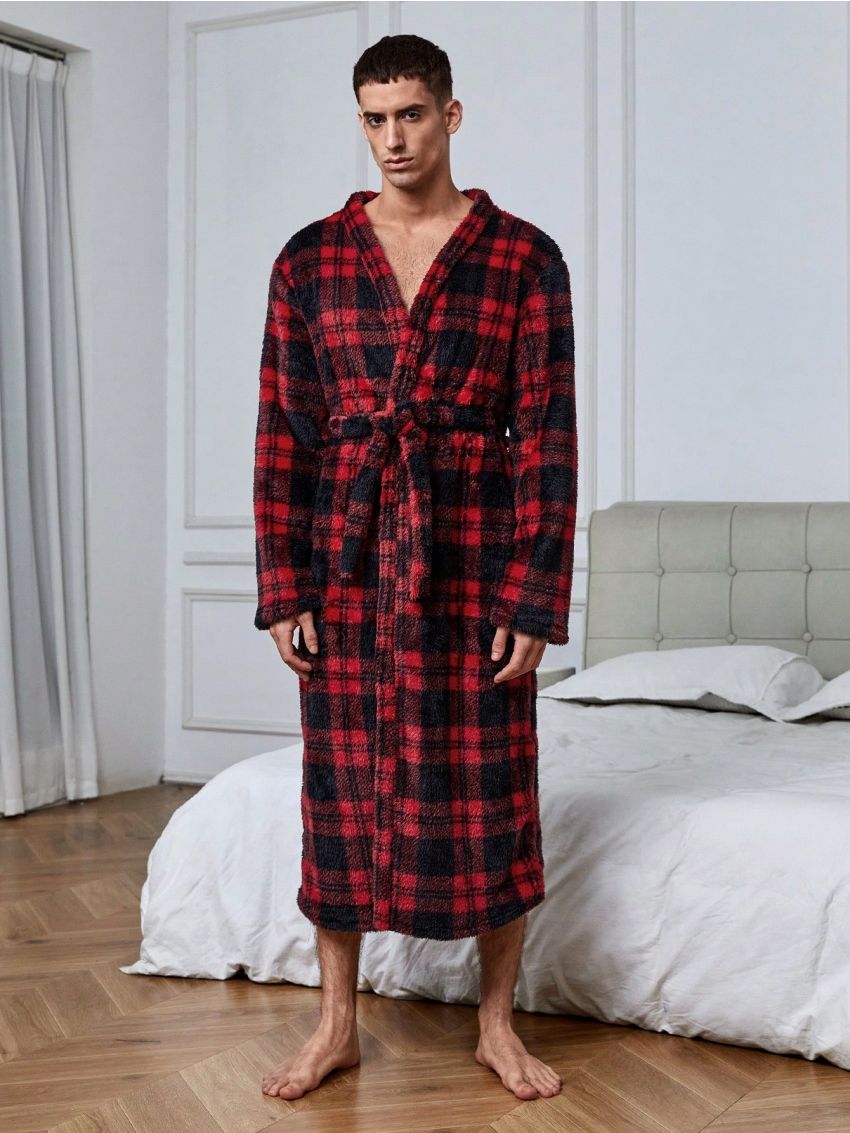 Men's Loose Plaid Flannel Bathrobe, Lounge Wear