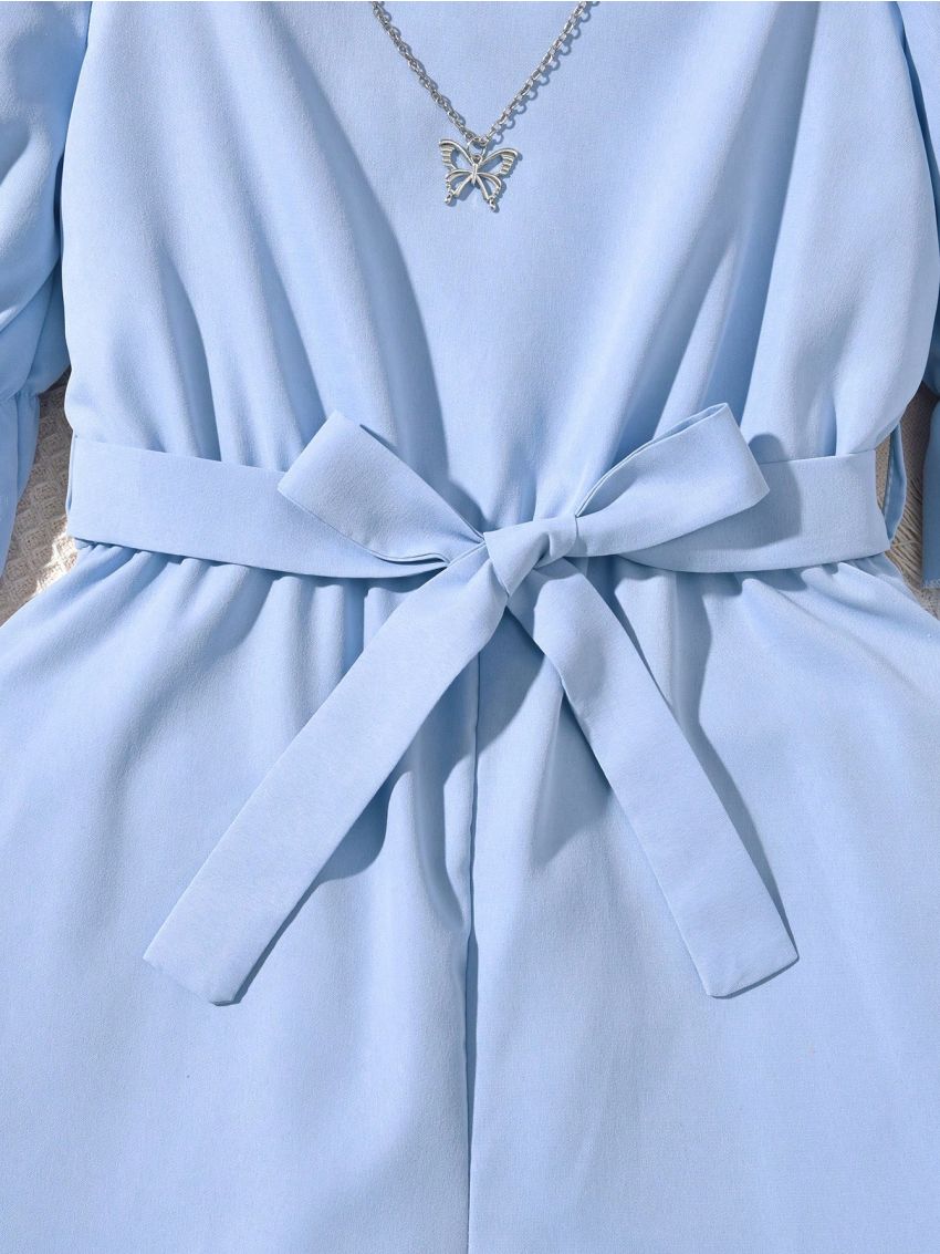 SHEIN Kids EVRYDAY Girls Square Neck Flounce Sleeve Belted Jumpsuit