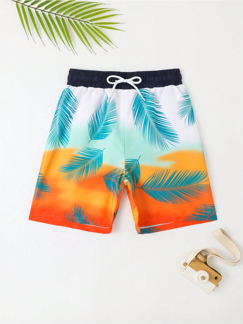 Boys' Feather Printed Drawstring Waist Swim Trunk Beach Shorts, For Teenagers