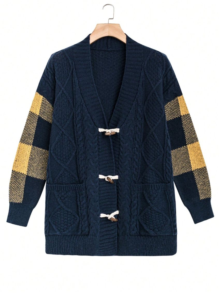 Plus Size Plaid Spliced Horn Button Cardigan Sweater