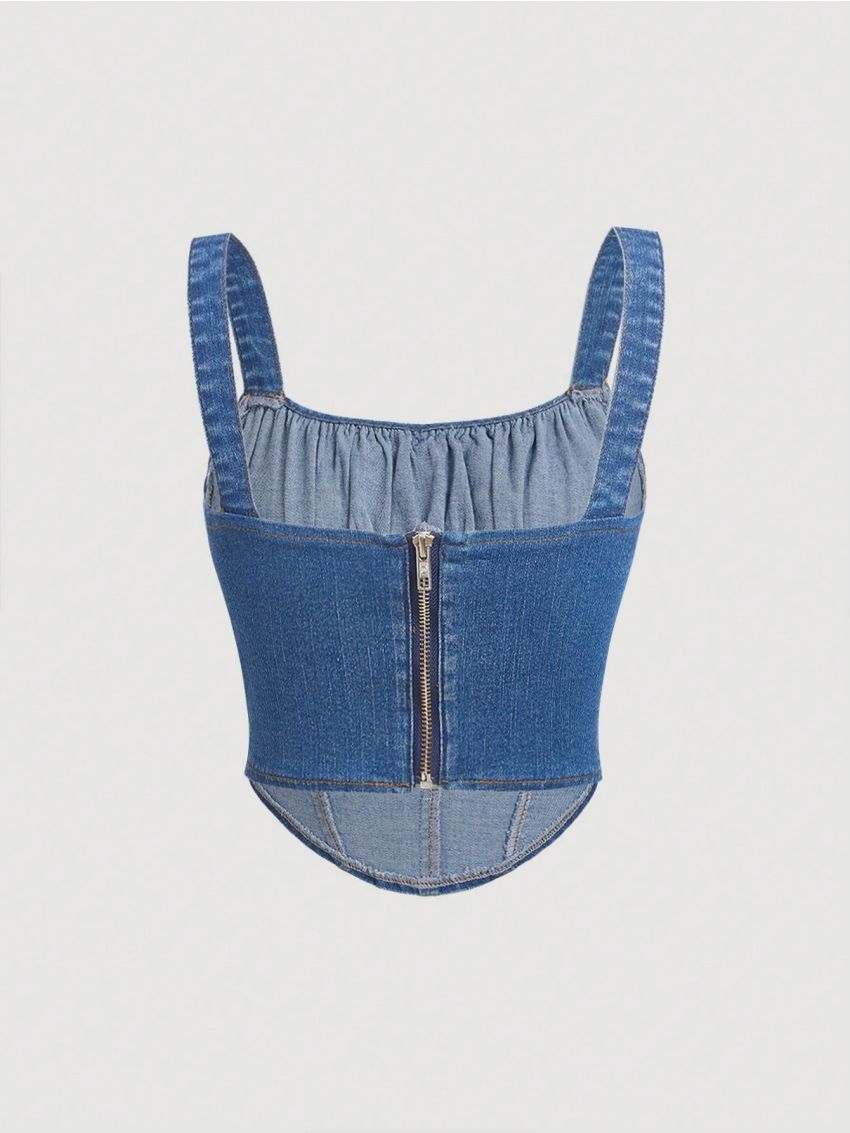 SHEIN Teen Girl Knot Front Ruched Bust Curved Hem Denim Top