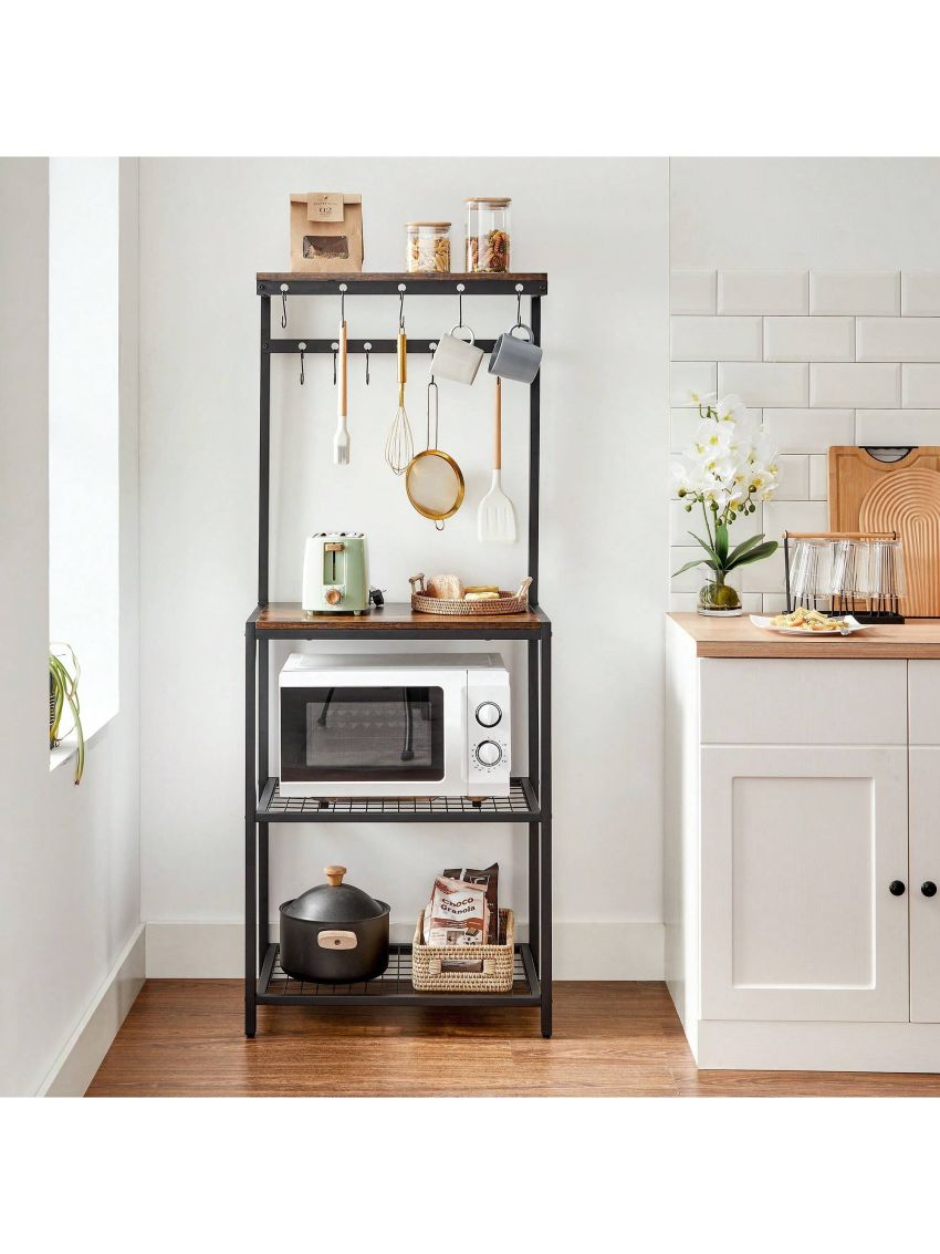 VASAGLE Kitchen Baker's Rack, Microwave Oven Stand with Storage Shelves, and 12 Hooks, Industrial, 15.7 x 23.6 x 59.6 Inches, Rustic Brown and Black