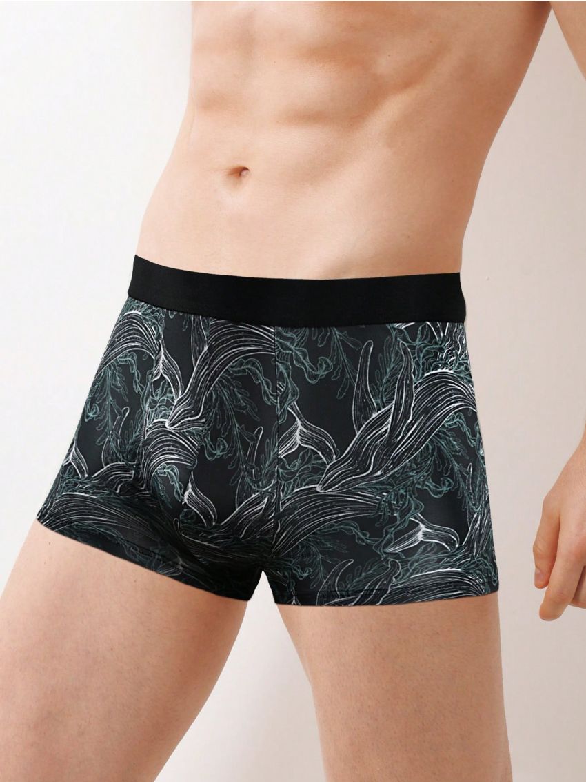 Men's Full-surface Printed Woven Belt Patchwork Flat Angle Underwear (2pcs Combination)