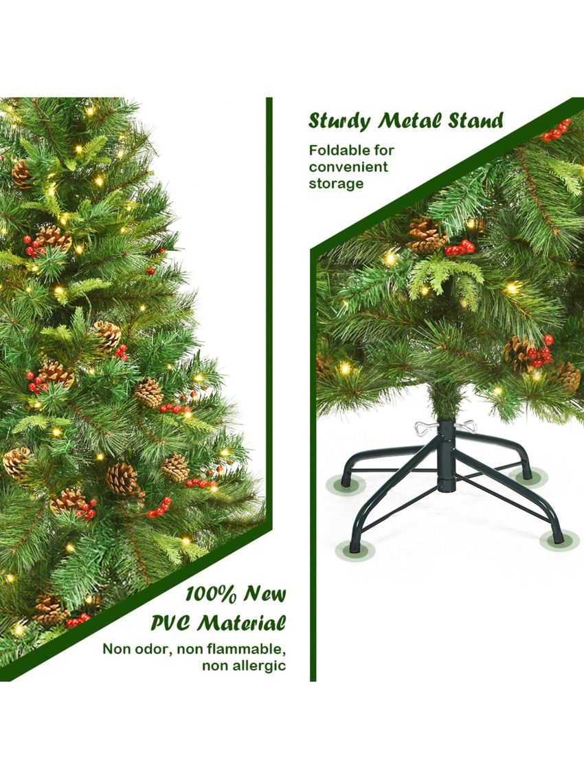 Gymax 7 ft Pre-lit Hinged Christmas Tree Holiday Decor w/ LED Lights Metal Stand