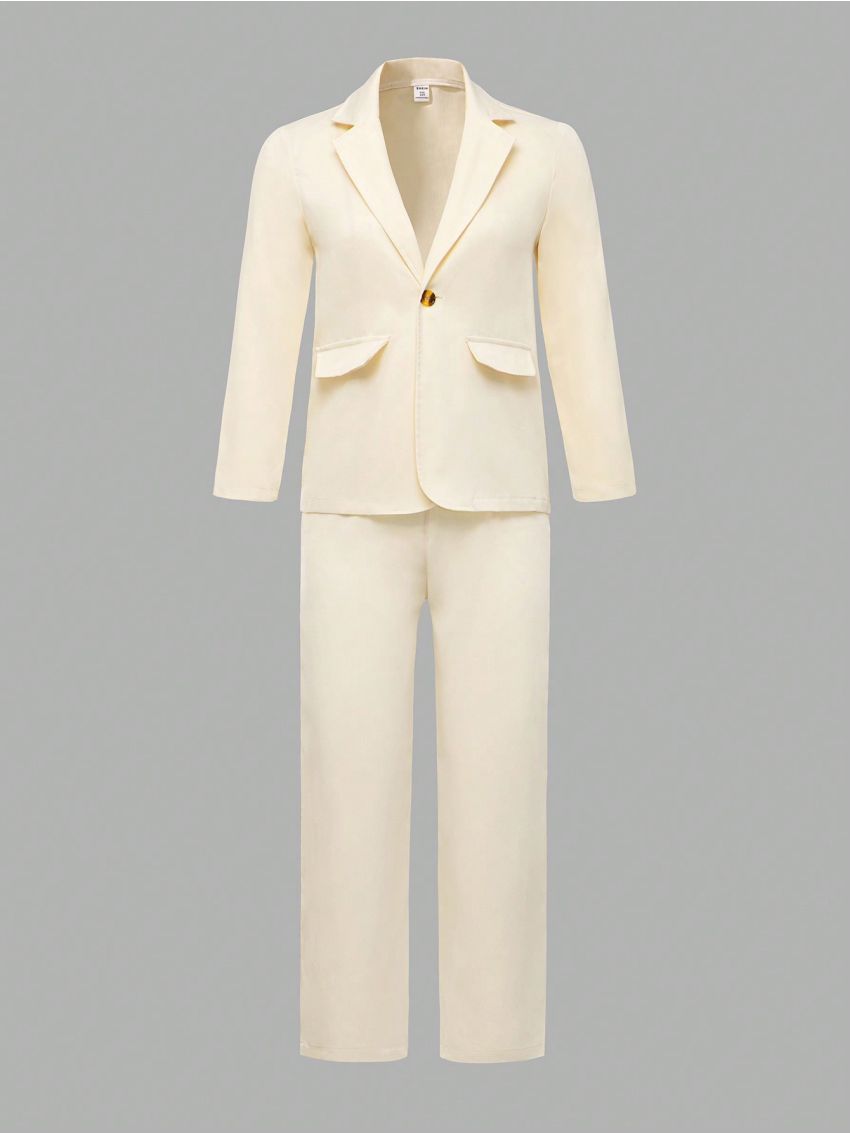 SHEIN Kids FANZEY Big Boys' Single-Breasted Notched Collar Suit Jacket And Suit Pants Two Piece Set For Gentleman Style