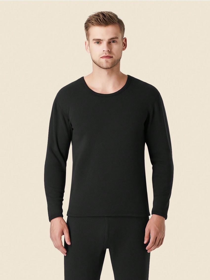 Men's Solid Color Long Sleeve Fleece-lined Thermal Underwear Top