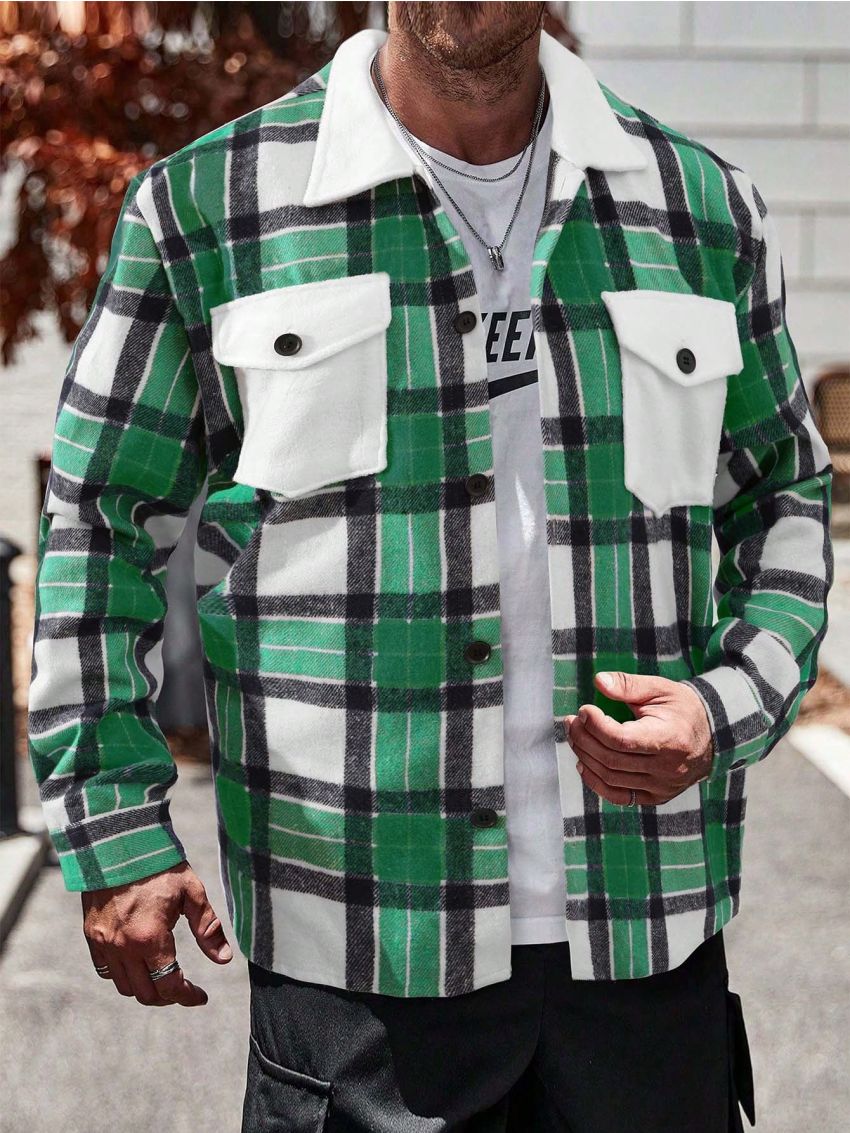 Manfinity Homme Men's Plus Size Grid Pattern Shirt Jacket With Flap Pockets