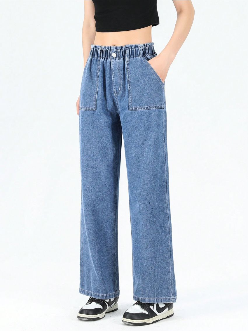 Teen Girls' Vintage Elastic High Waist Loose Fit Soft And Comfortable Wide Leg Denim Pants With Pleated Hem