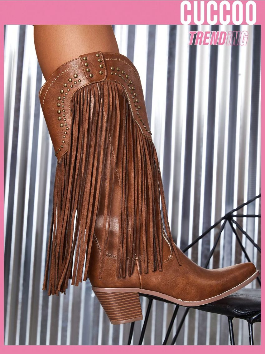 Cuccoo Everyday Collection Women's Pointed Toe Chunky Heel Western Boots In Brown With Fringe And Stud Detail