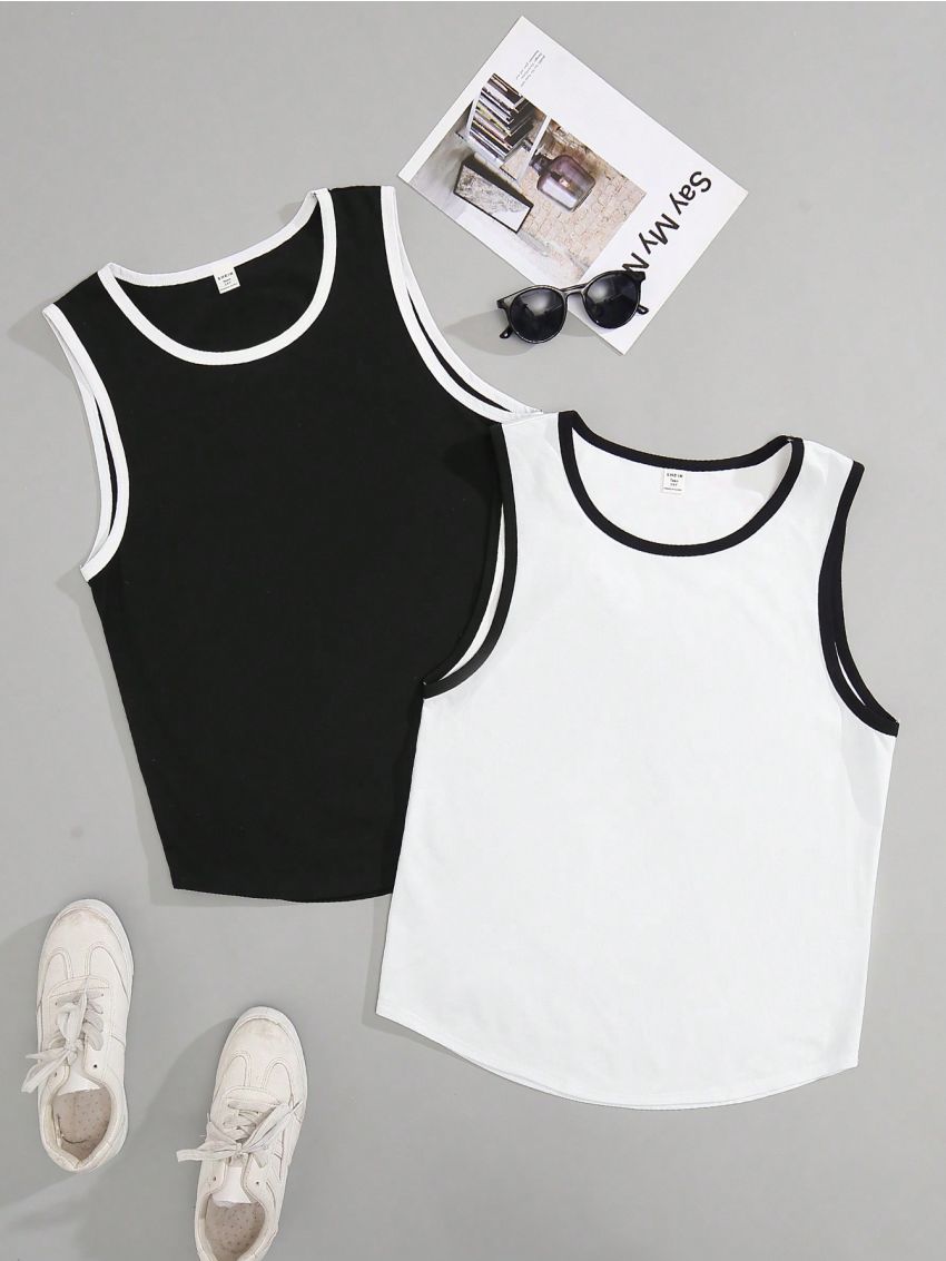 SHEIN Boy Teenagers Two-Piece Casual And Comfortable Black And White Contrasting Vest Tops