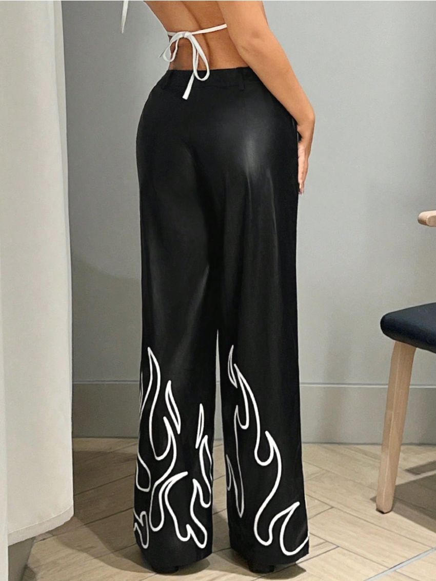 SHEIN ICON Flame Print Pu Leather Pants