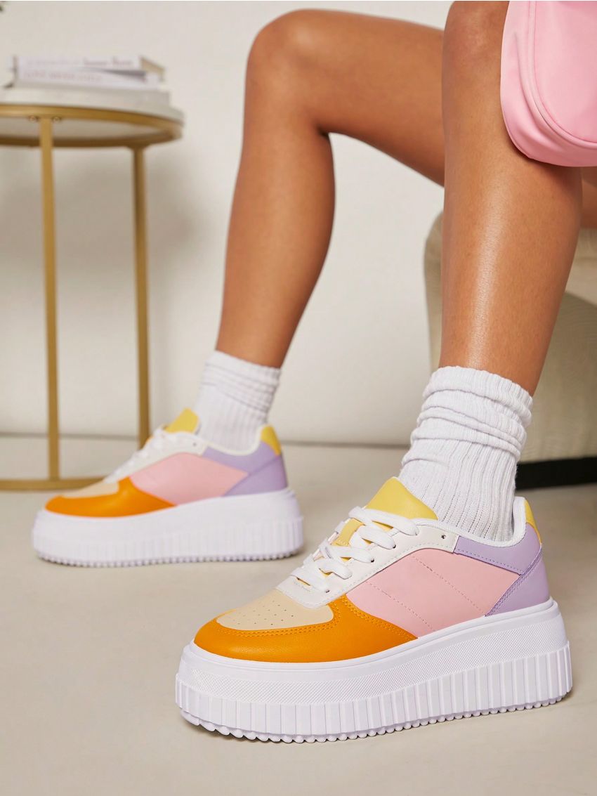 Colorblock Lace Up Front Flatform Sneakers