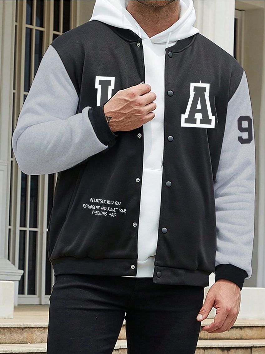 Manfinity Men Plus Slogan Graphic Colorblock Bomber Jacket Without Hoodie